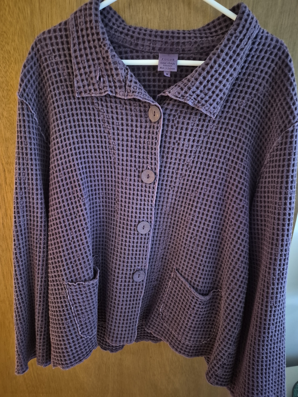 FOCUS purple waffle-knit button jacket with pockets